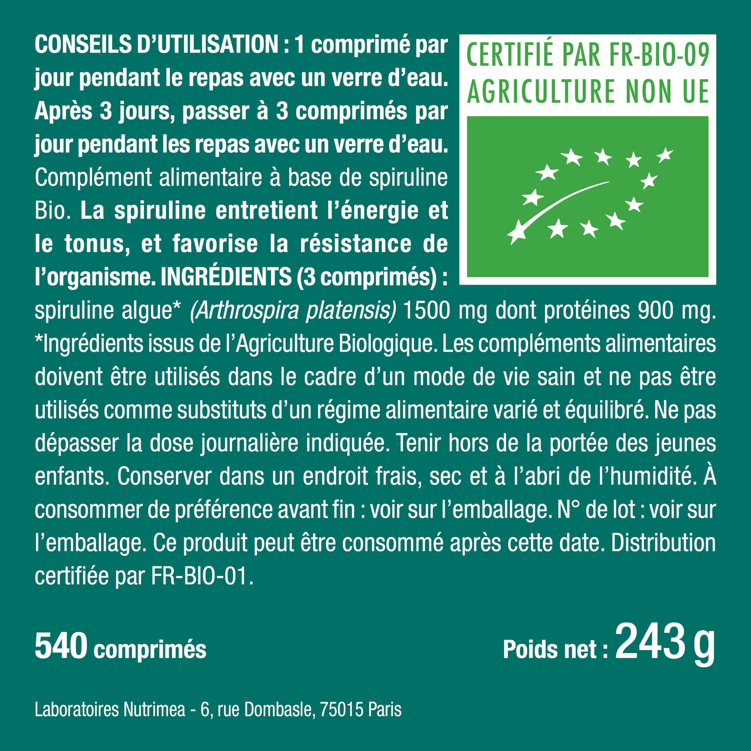 Spiruline Bio – 180 Comprimés – Complément Alimentaire – Nutrimea