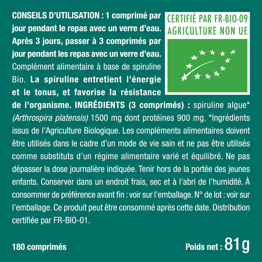 Spiruline Bio – 180 Comprimés – Complément Alimentaire – Nutrimea