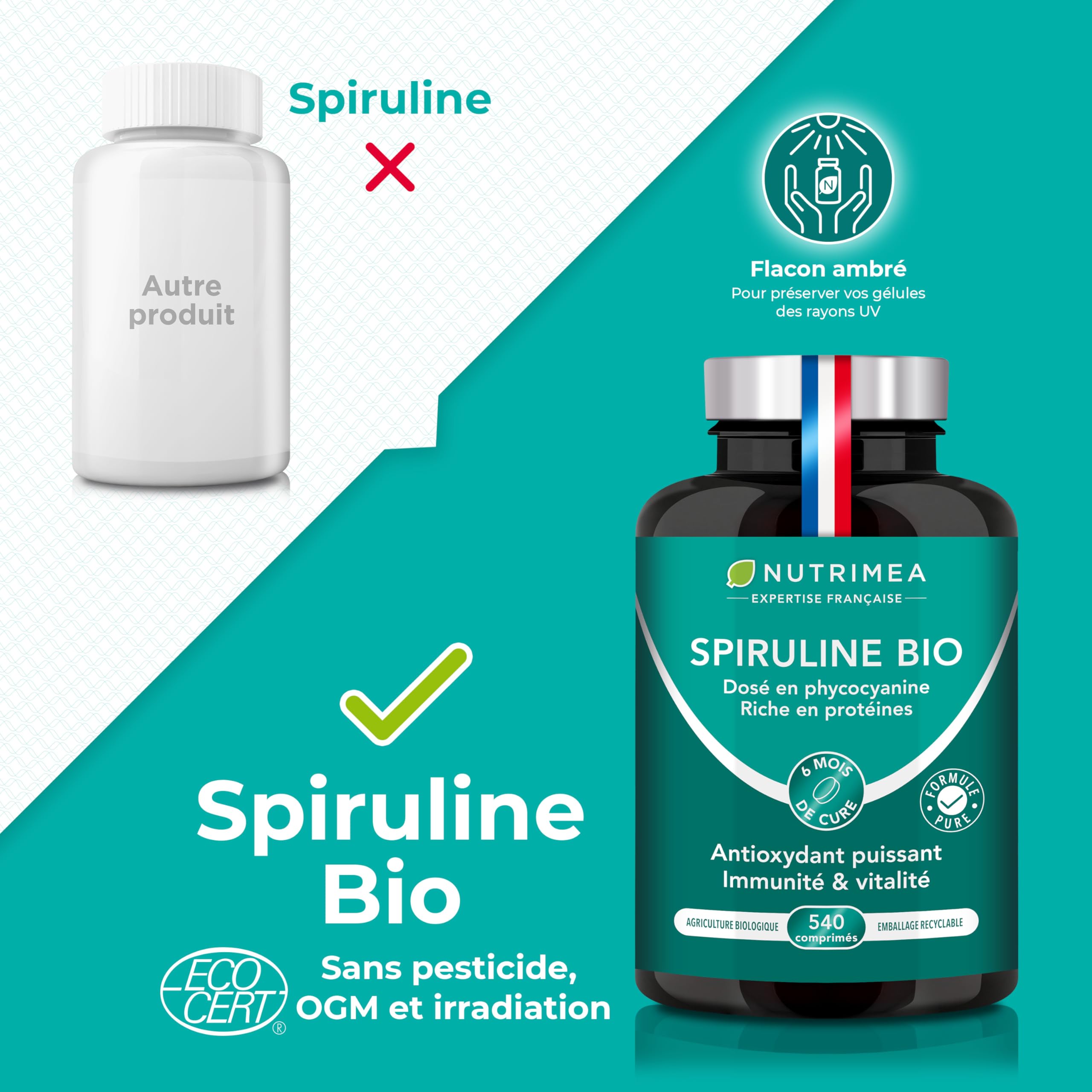 Spiruline Bio – 180 Comprimés – Complément Alimentaire – Nutrimea
