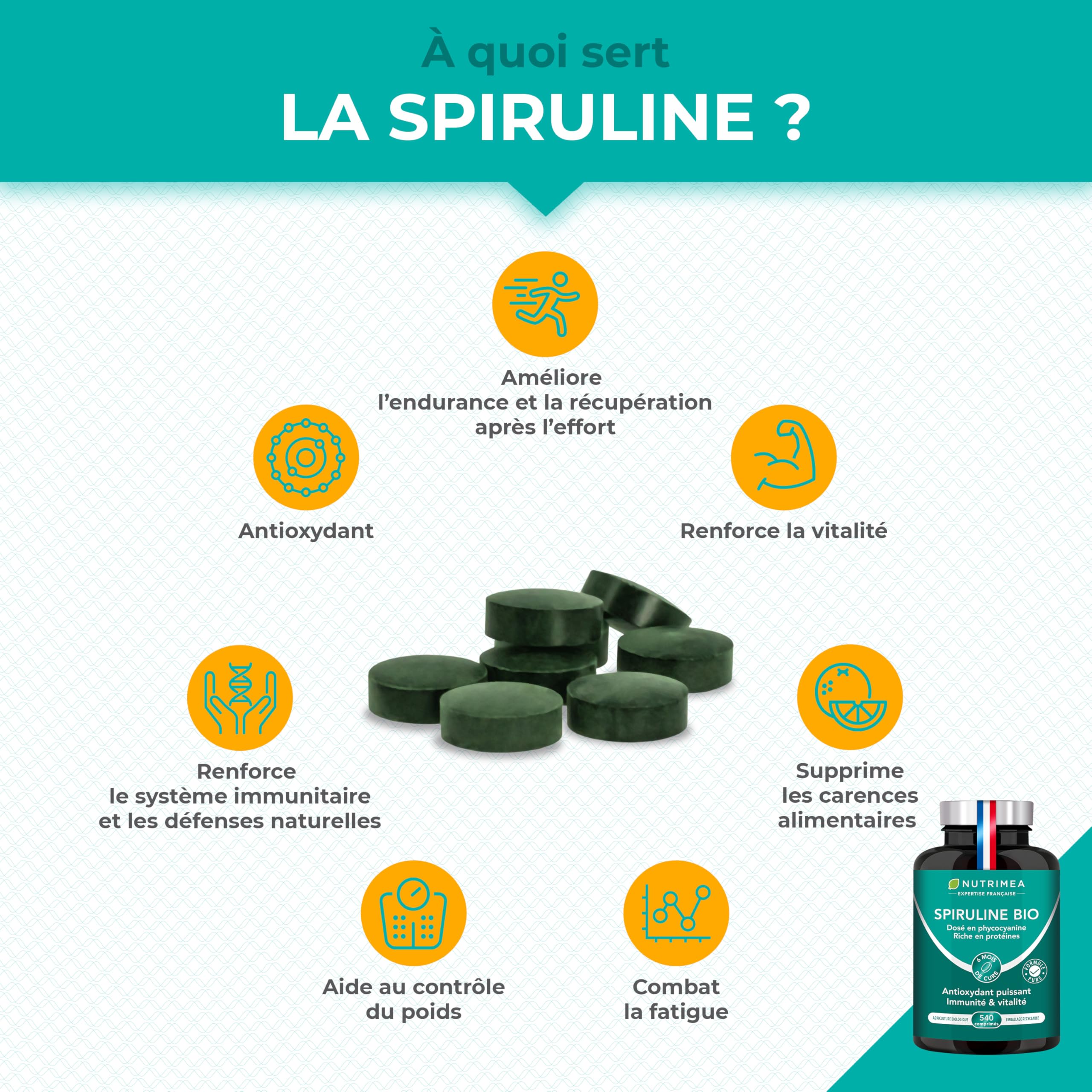 Spiruline Bio – 180 Comprimés – Complément Alimentaire – Nutrimea
