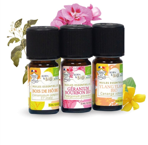 Born to Bio Trio d'huile essentielle bio Kit visage tonique Bois de Ho Géranium Bourbon Ylang Ylang 5 mL chacun